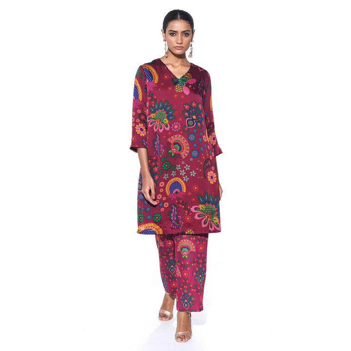 Siddhartha Bansal Crimson Maroon Floral Co-ord (Set of 2)