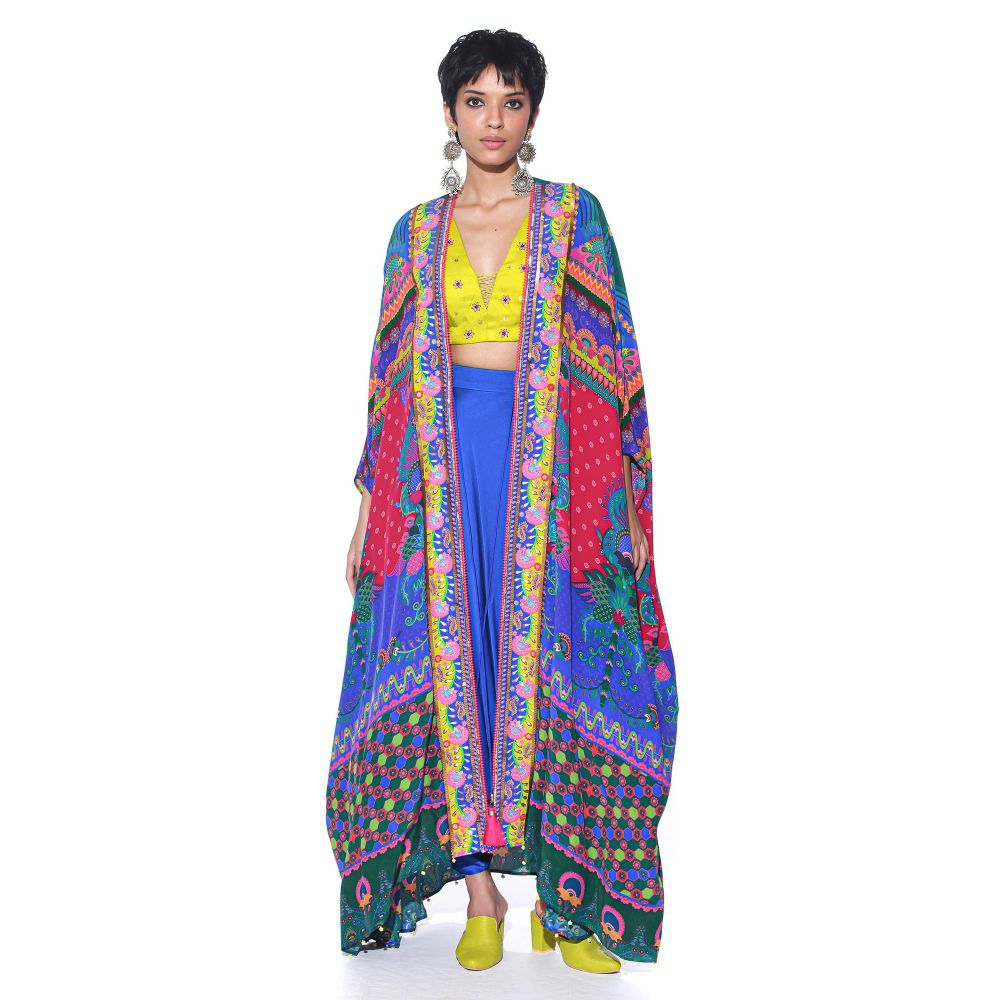 Siddhartha Bansal Multi Pattern Oversized Shrug with blouse & Harem Pant (Set of 3)