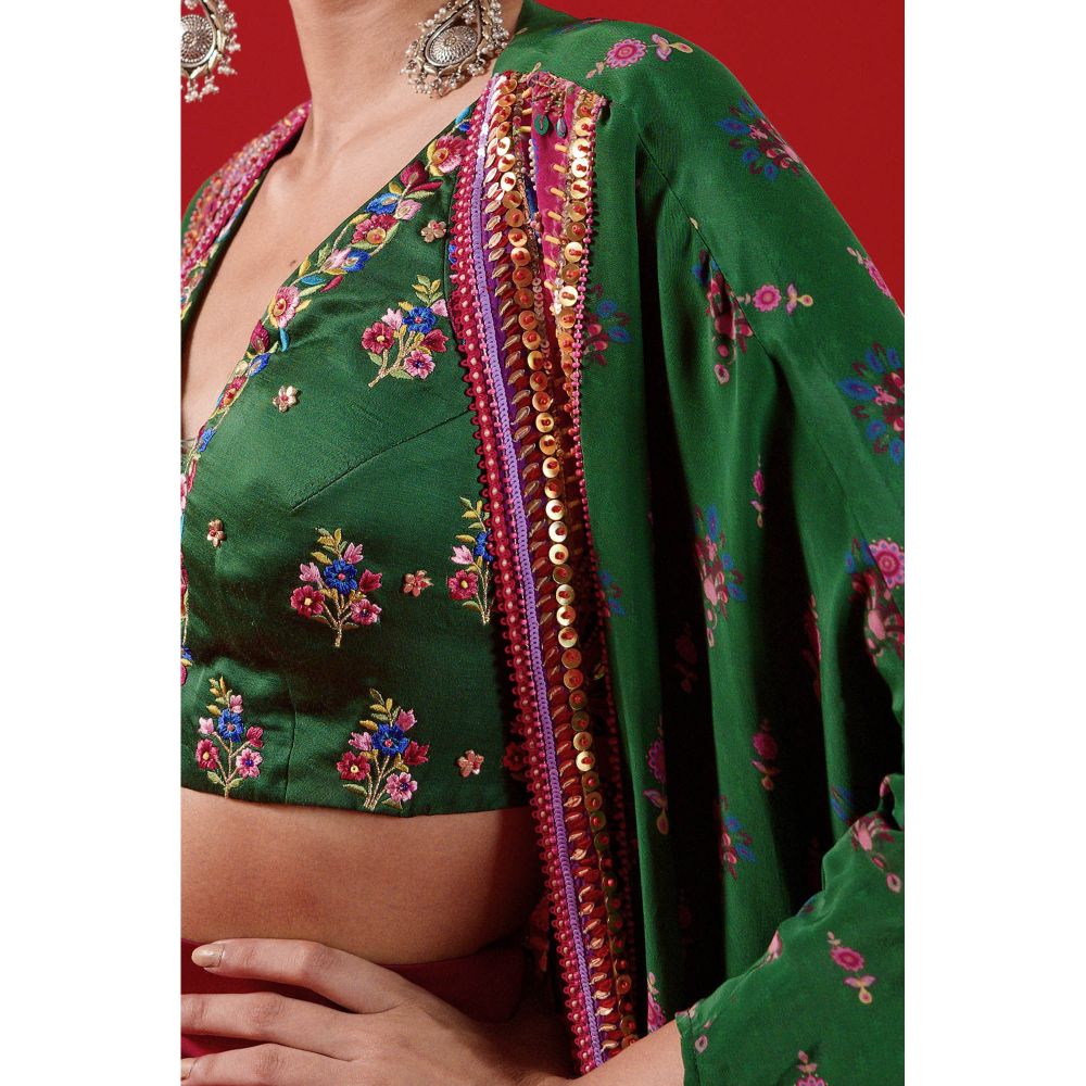 Siddhartha Bansal Bottle Green Oversized Shrug with blouse & Harem Pant (Set of 3)