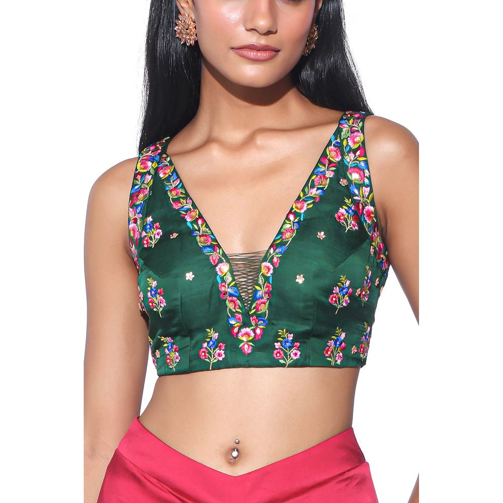 Siddhartha Bansal Bottle Green Oversized Shrug with blouse & Harem Pant (Set of 3)