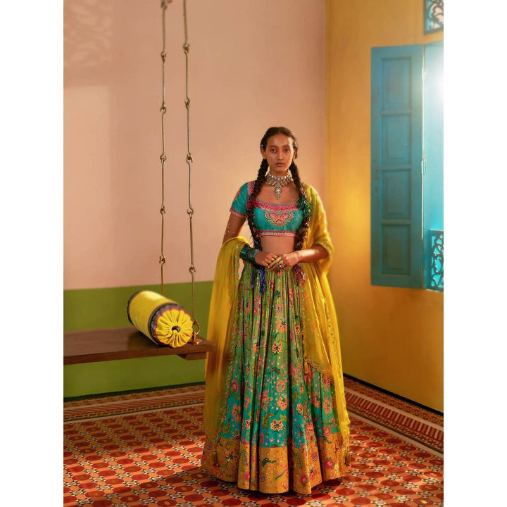 Siddhartha Bansal Aqua Turquoise Ombre Embroidered Lehenga with Blouse and Dupatta (Set of 3)