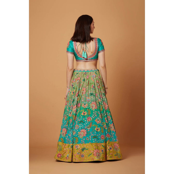 Siddhartha Bansal Aqua Turquoise Ombre Embroidered Lehenga with Blouse and Dupatta (Set of 3)