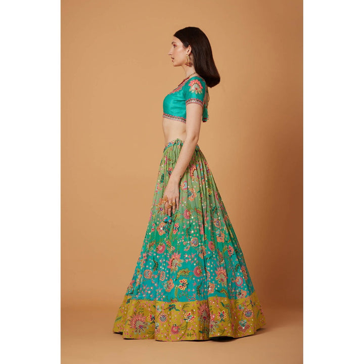 Siddhartha Bansal Aqua Turquoise Ombre Embroidered Lehenga with Blouse and Dupatta (Set of 3)