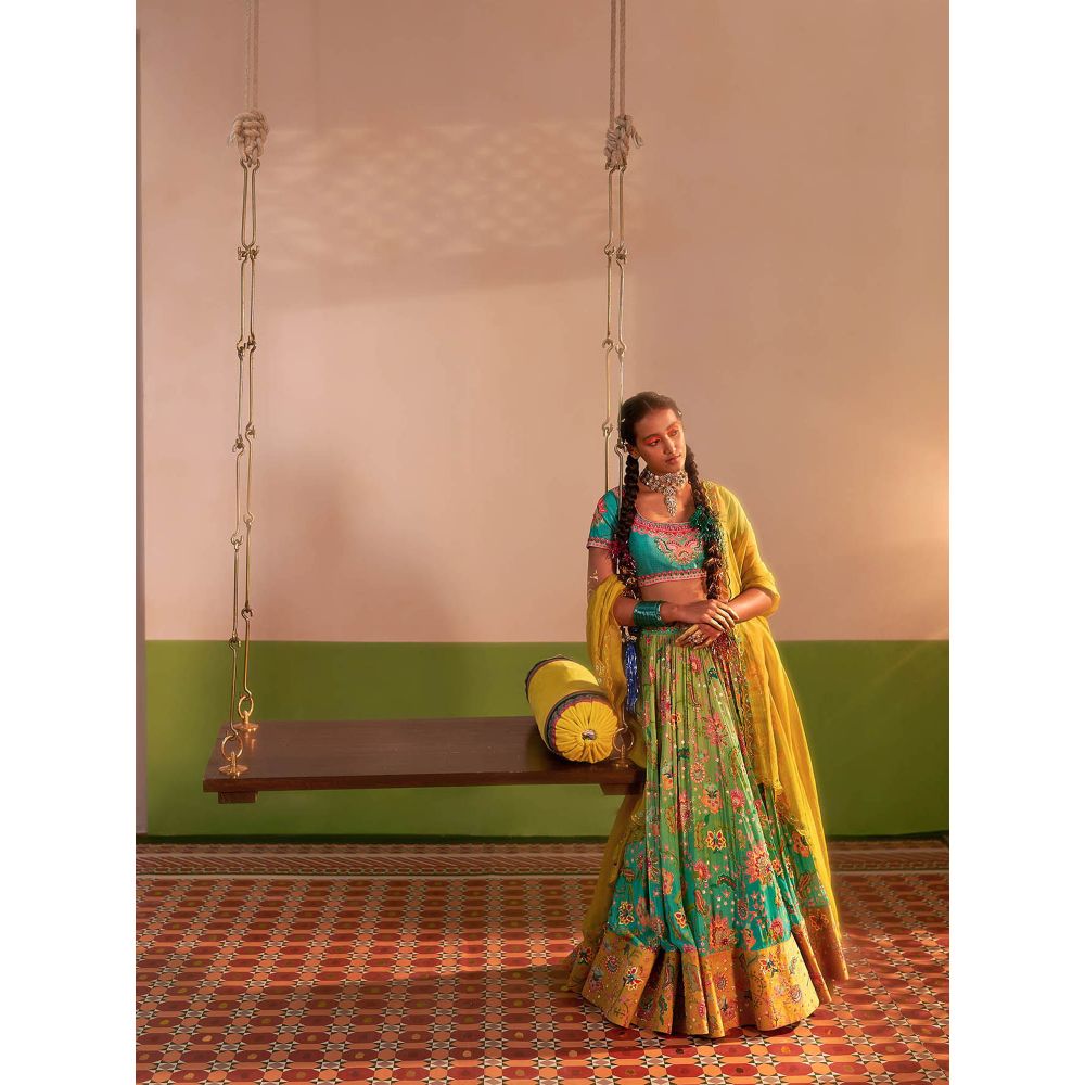 Siddhartha Bansal Aqua Turquoise Ombre Embroidered Lehenga with Blouse and Dupatta (Set of 3)