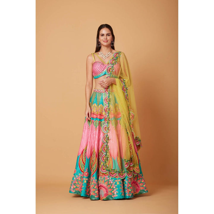 Siddhartha Bansal Mastani Pink & Ocean Electric Green Lehenga with Blouse & Dupatta (Set of 3)