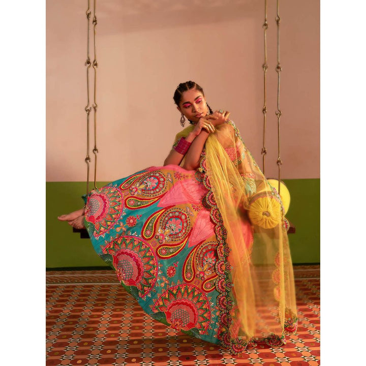 Siddhartha Bansal Mastani Pink & Ocean Electric Green Lehenga with Blouse & Dupatta (Set of 3)