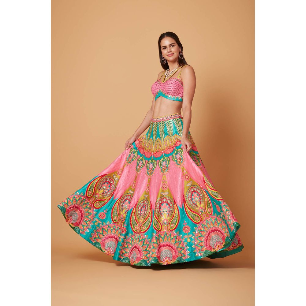 Siddhartha Bansal Mastani Pink & Ocean Electric Green Lehenga with Blouse & Dupatta (Set of 3)