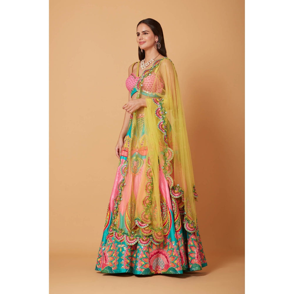 Siddhartha Bansal Mastani Pink & Ocean Electric Green Lehenga with Blouse & Dupatta (Set of 3)