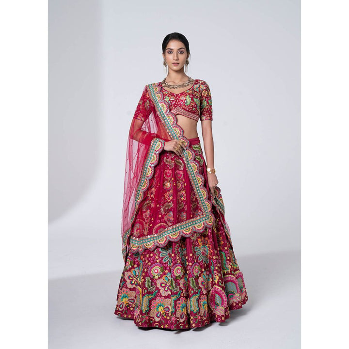 Siddhartha Bansal 3D Embroidered Burgundy Lehenga with Blouse and Dupatta (Set of 3)