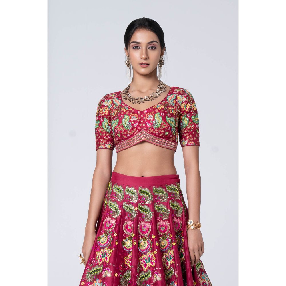 Siddhartha Bansal 3D Embroidered Burgundy Lehenga with Blouse and Dupatta (Set of 3)