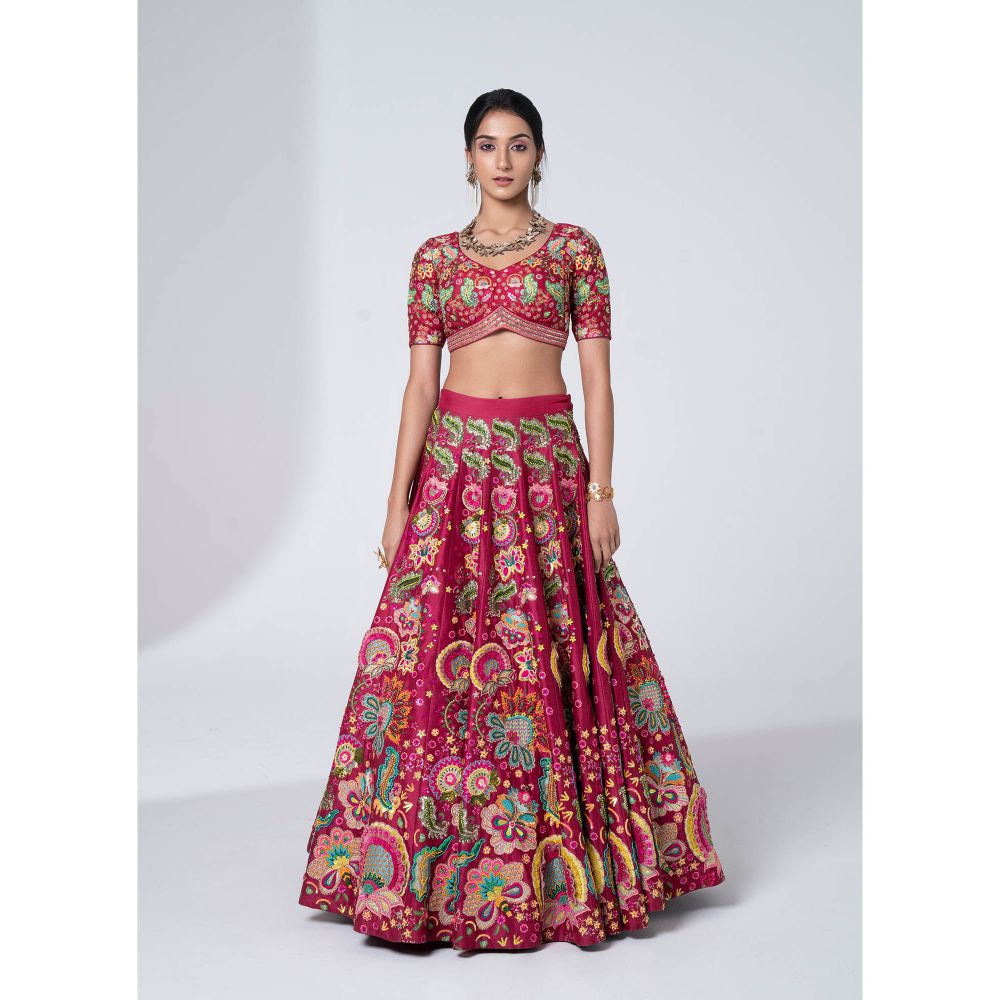 Siddhartha Bansal 3D Embroidered Burgundy Lehenga with Blouse and Dupatta (Set of 3)