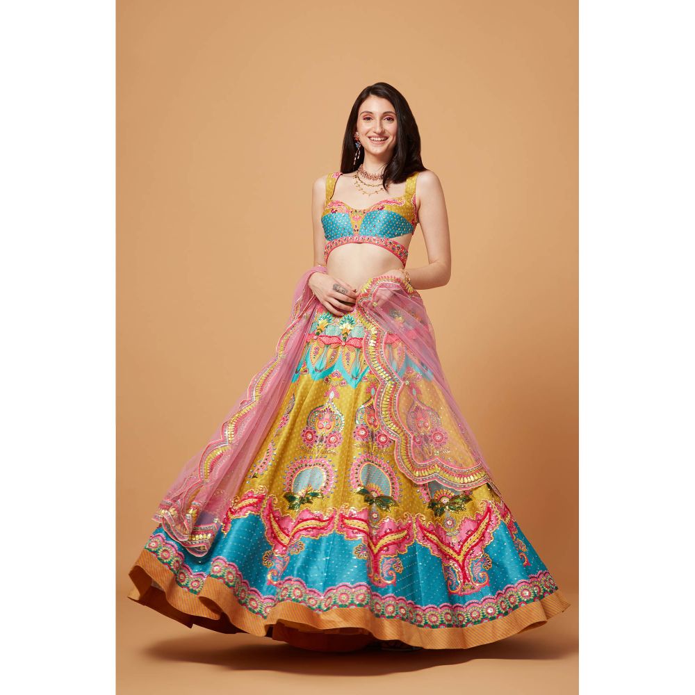 Siddhartha Bansal Lime Mustard & Paradise Blue Lehenga with Blouse & Dupatta (Set of 3)