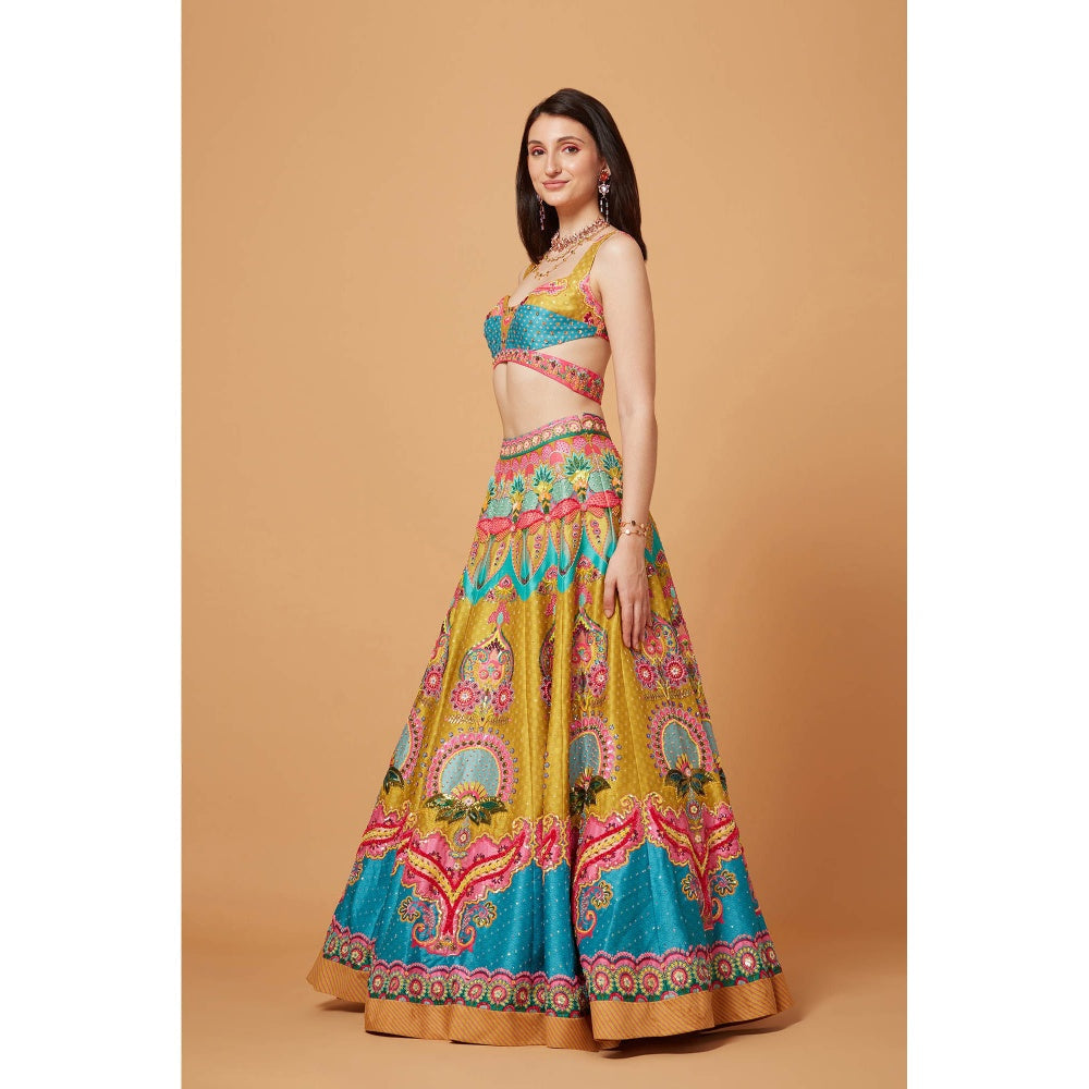 Siddhartha Bansal Lime Mustard & Paradise Blue Lehenga with Blouse & Dupatta (Set of 3)