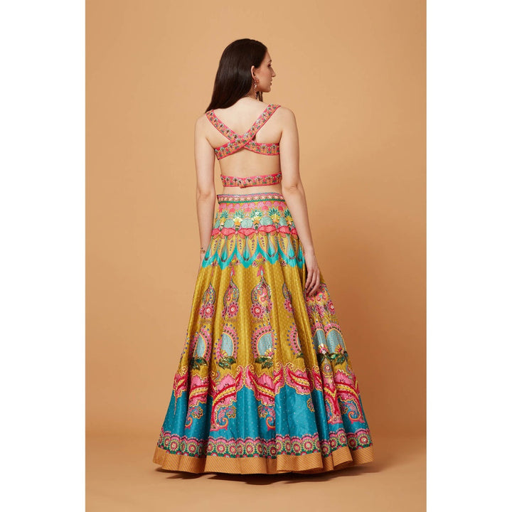 Siddhartha Bansal Lime Mustard & Paradise Blue Lehenga with Blouse & Dupatta (Set of 3)