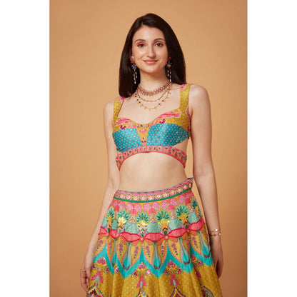 Siddhartha Bansal Lime Mustard & Paradise Blue Lehenga with Blouse & Dupatta (Set of 3)