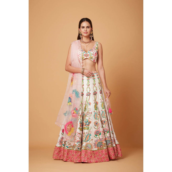 Siddhartha Bansal Blush Ivory Floral Embroidered Lehenga with Blouse and Dupatta (Set of 3)