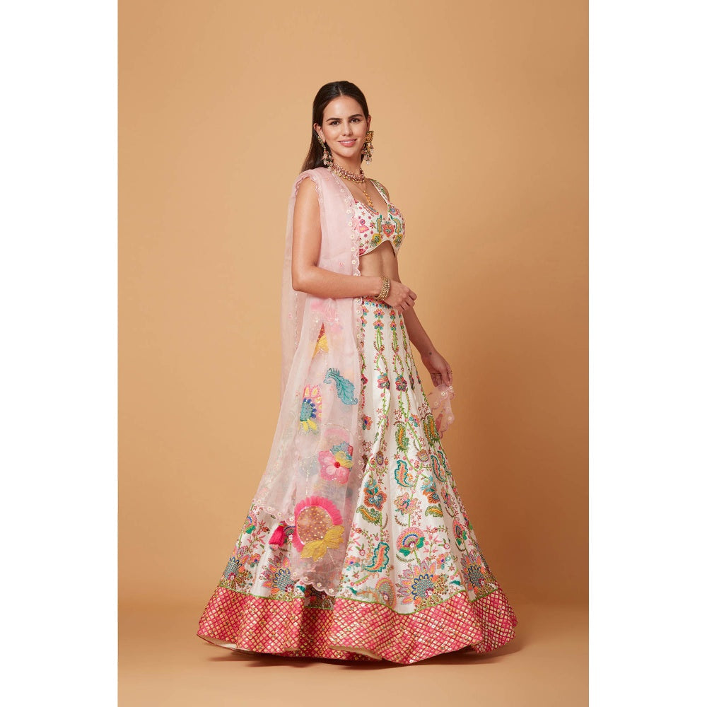 Siddhartha Bansal Blush Ivory Floral Embroidered Lehenga with Blouse and Dupatta (Set of 3)