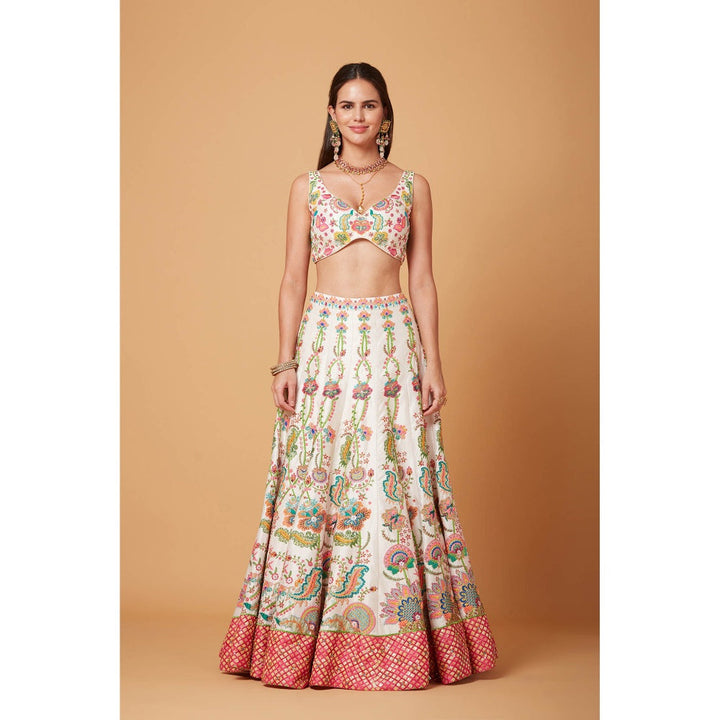 Siddhartha Bansal Blush Ivory Floral Embroidered Lehenga with Blouse and Dupatta (Set of 3)