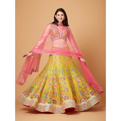 Siddhartha Bansal Signature Yellow Floral Lehenga with Blouse & Dupatta (Set of 3)