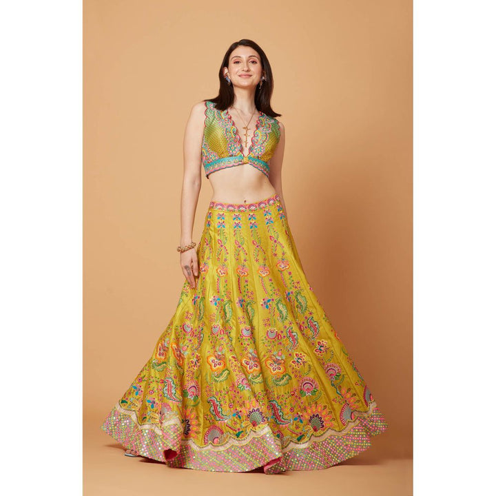 Siddhartha Bansal Signature Yellow Floral Lehenga with Blouse & Dupatta (Set of 3)