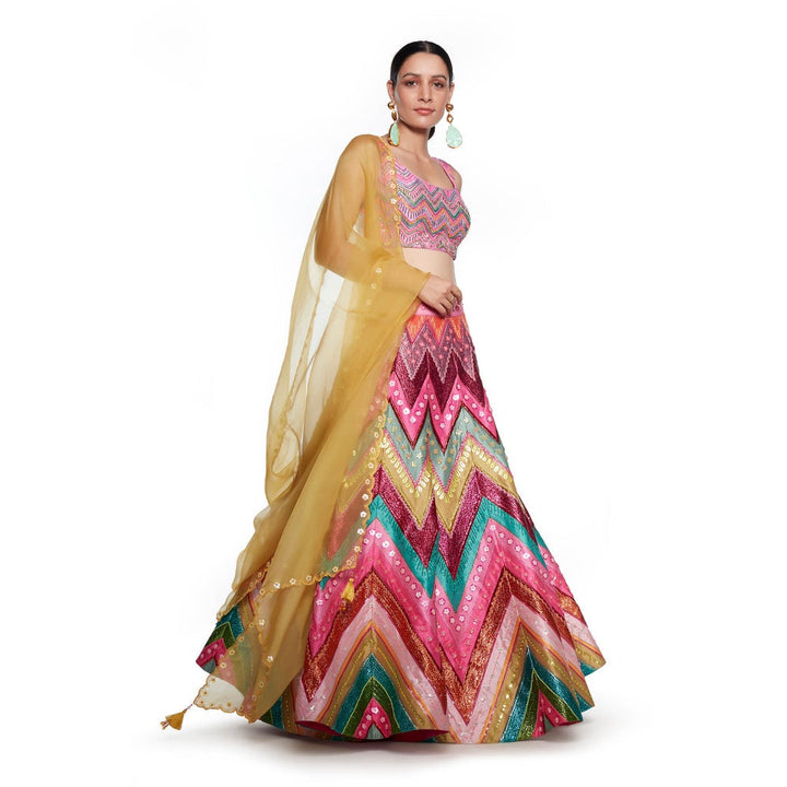 Siddhartha Bansal Signature Pink Chevron Embroidered Lehenga with Blouse & Dupatta (Set of 3)