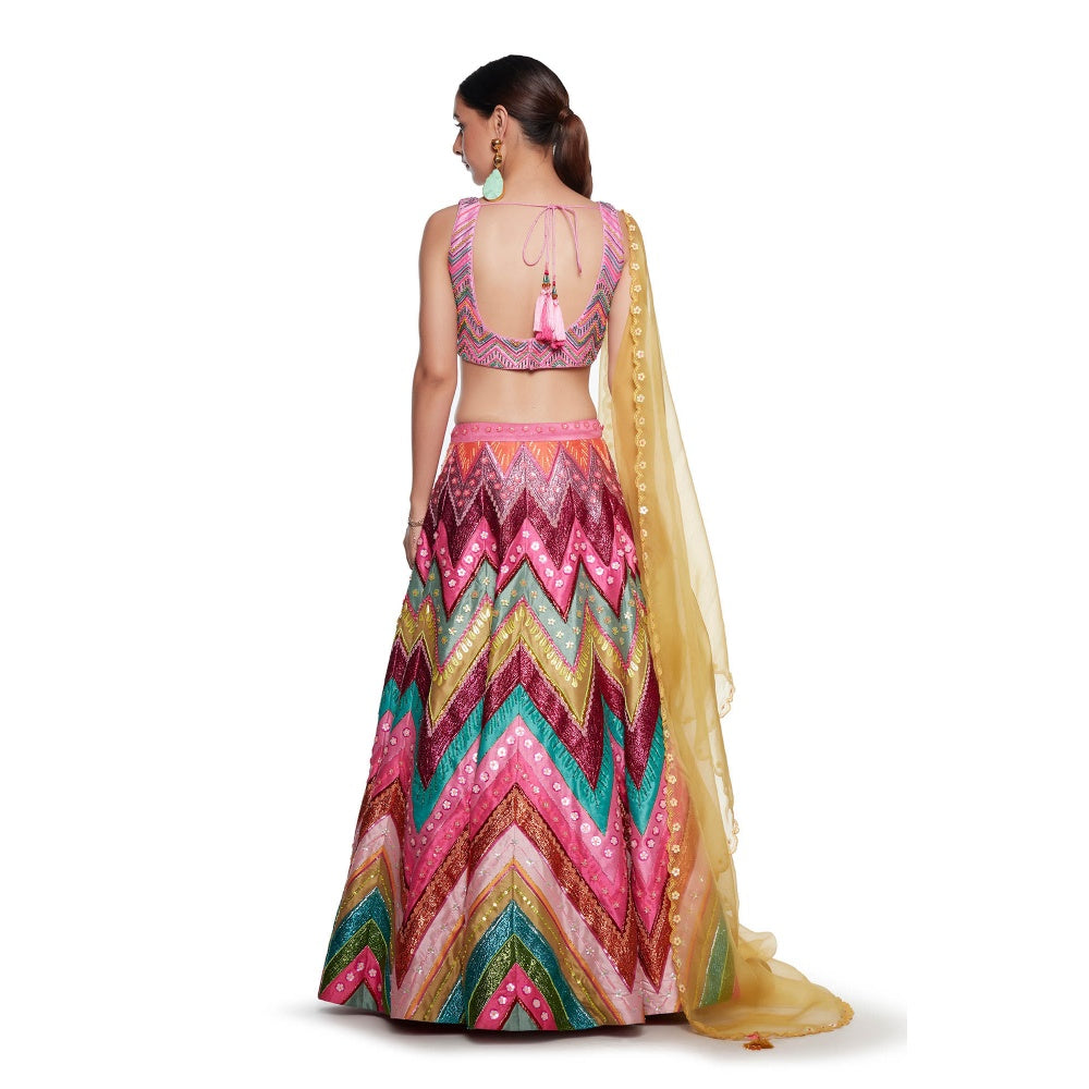 Siddhartha Bansal Signature Pink Chevron Embroidered Lehenga with Blouse & Dupatta (Set of 3)