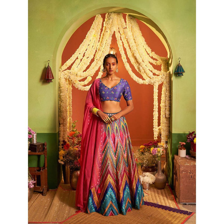 Siddhartha Bansal Signature Blue Chevron Embroidered Lehenga with Blouse & Dupatta (Set of 3)