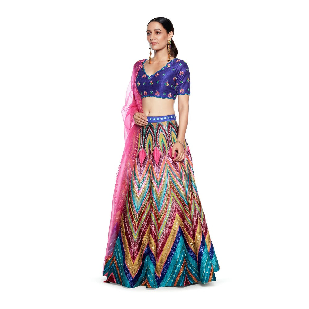 Siddhartha Bansal Signature Blue Chevron Embroidered Lehenga with Blouse & Dupatta (Set of 3)