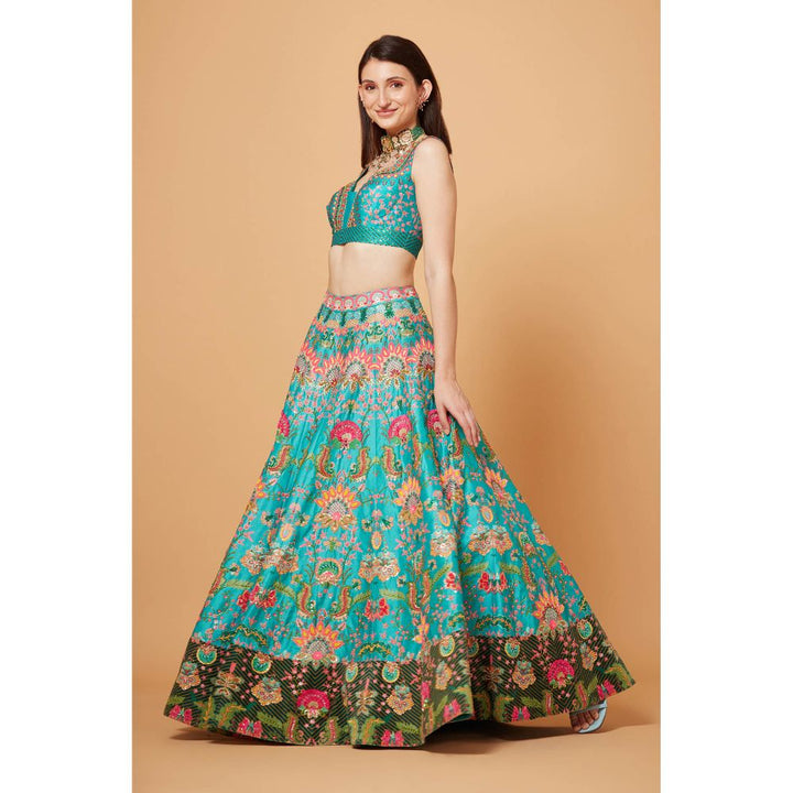 Siddhartha Bansal Sea Green Embroidered Lehenga with Blouse and Dupatta (Set of 3)