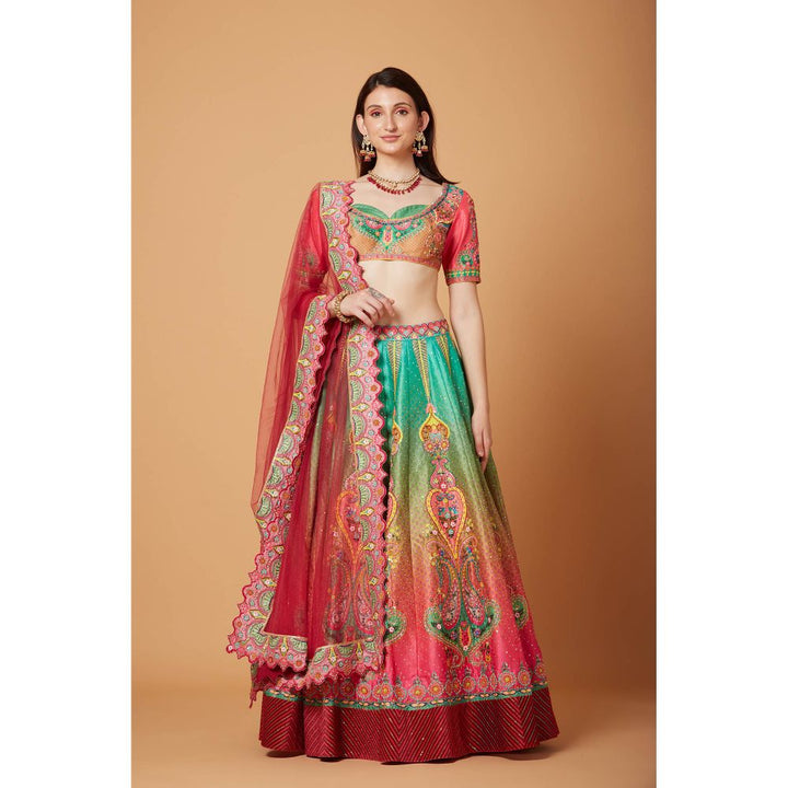 Siddhartha Bansal Green Pink Ombre Embroidered Lehenga with Blouse and Dupatta (Set of 3)