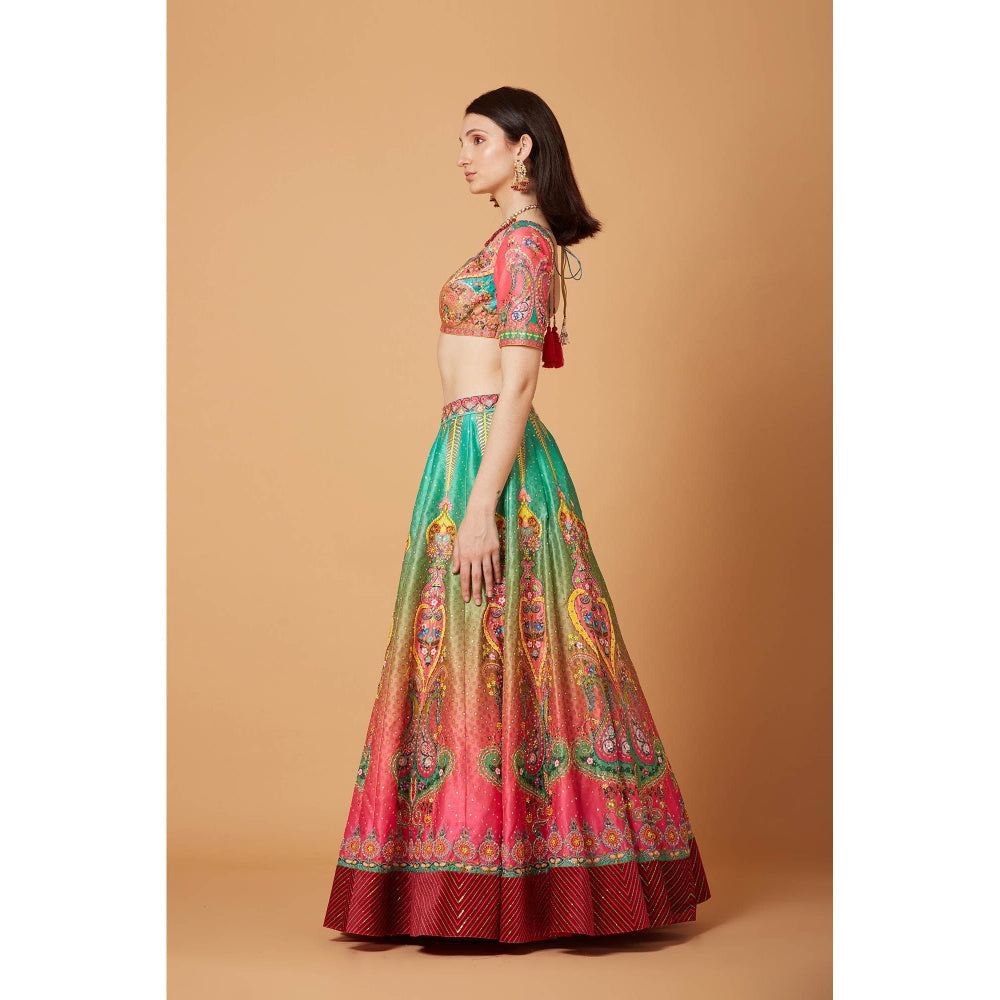 Siddhartha Bansal Green Pink Ombre Embroidered Lehenga with Blouse and Dupatta (Set of 3)