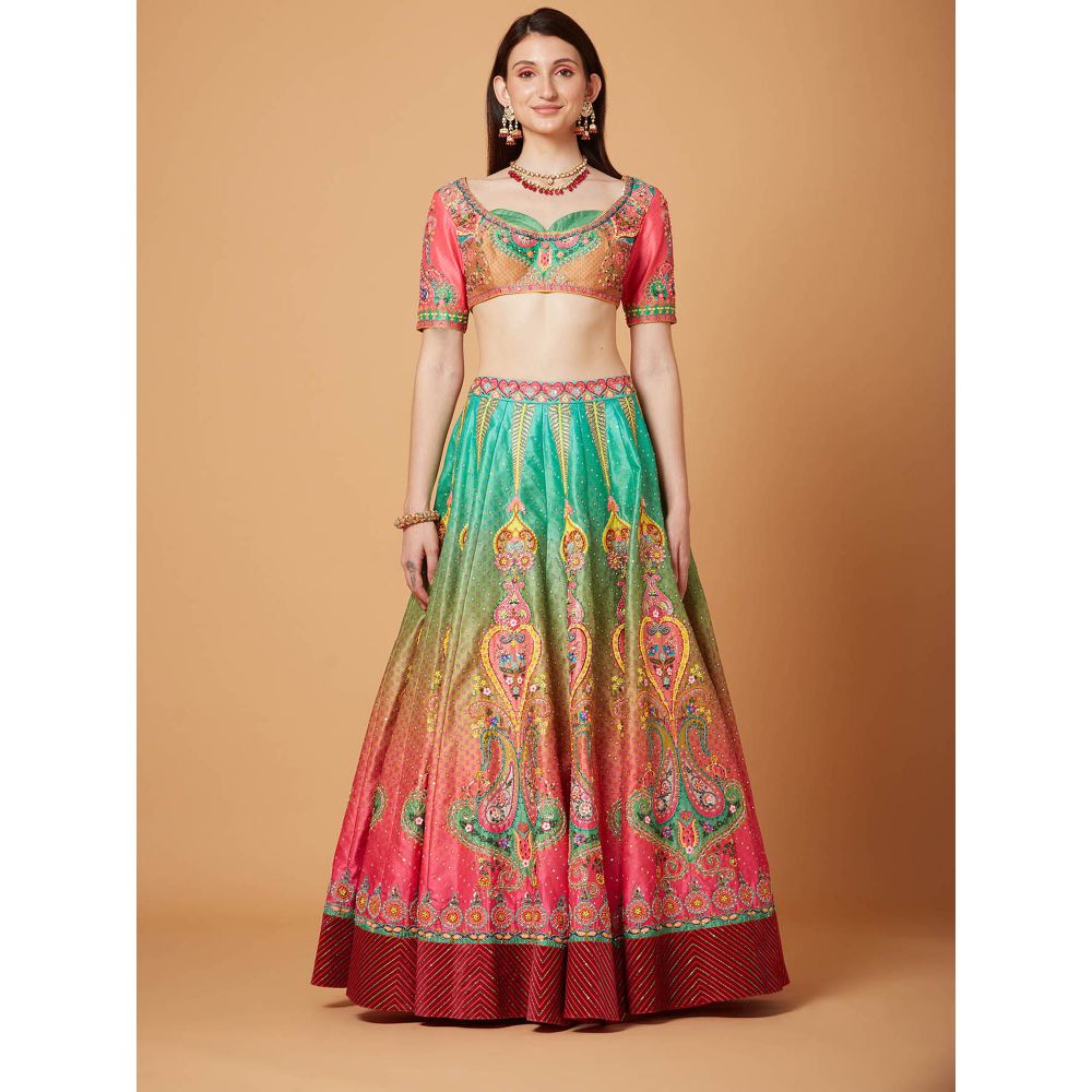 Siddhartha Bansal Green Pink Ombre Embroidered Lehenga with Blouse and Dupatta (Set of 3)