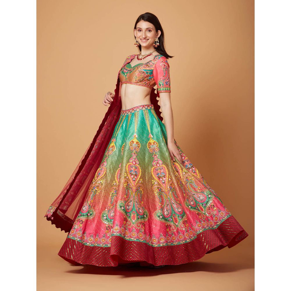 Siddhartha Bansal Green Pink Ombre Embroidered Lehenga with Blouse and Dupatta (Set of 3)