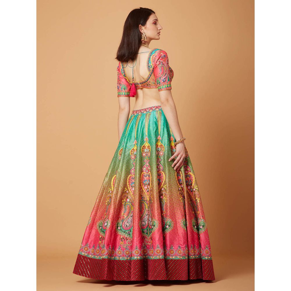 Siddhartha Bansal Green Pink Ombre Embroidered Lehenga with Blouse and Dupatta (Set of 3)