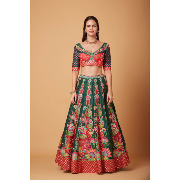 Siddhartha Bansal Green Red Embroidered Lehenga with Blouse and Dupatta (Set of 3)