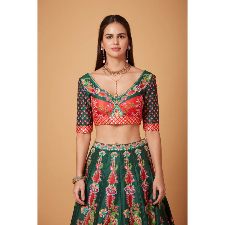 Siddhartha Bansal Green Red Embroidered Lehenga with Blouse and Dupatta (Set of 3)