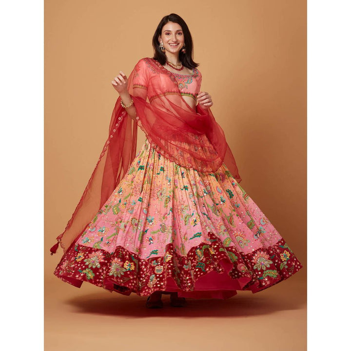 Siddhartha Bansal Peach Pink Ombre Embroidered Lehenga with Blouse and Dupatta (Set of 3)