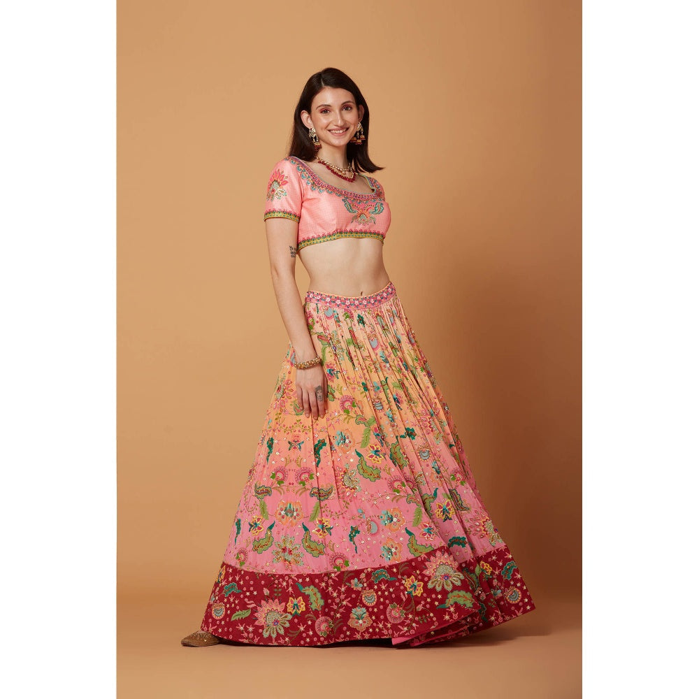 Siddhartha Bansal Peach Pink Ombre Embroidered Lehenga with Blouse and Dupatta (Set of 3)