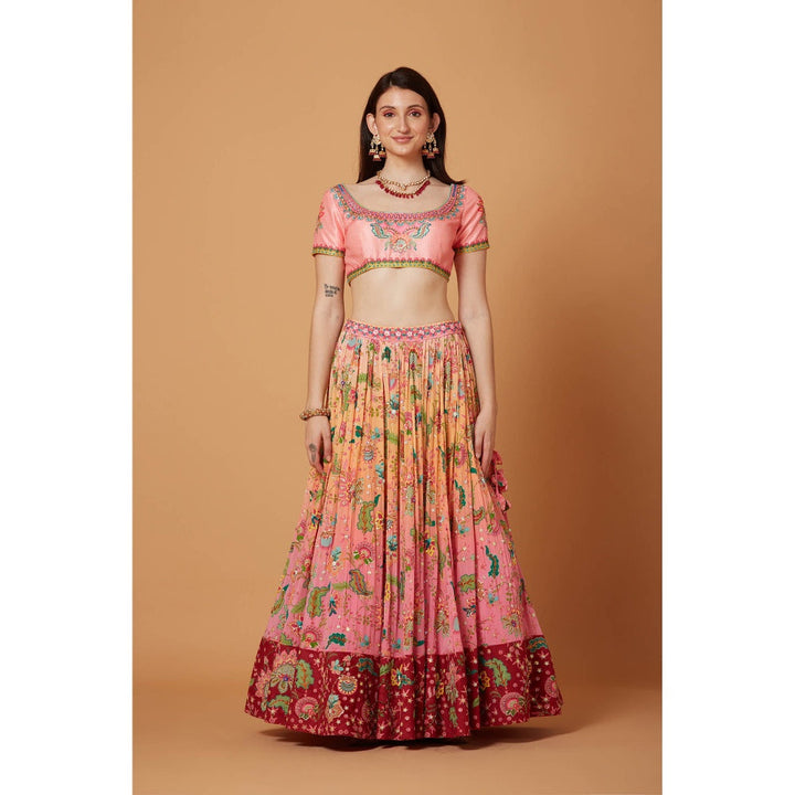 Siddhartha Bansal Peach Pink Ombre Embroidered Lehenga with Blouse and Dupatta (Set of 3)