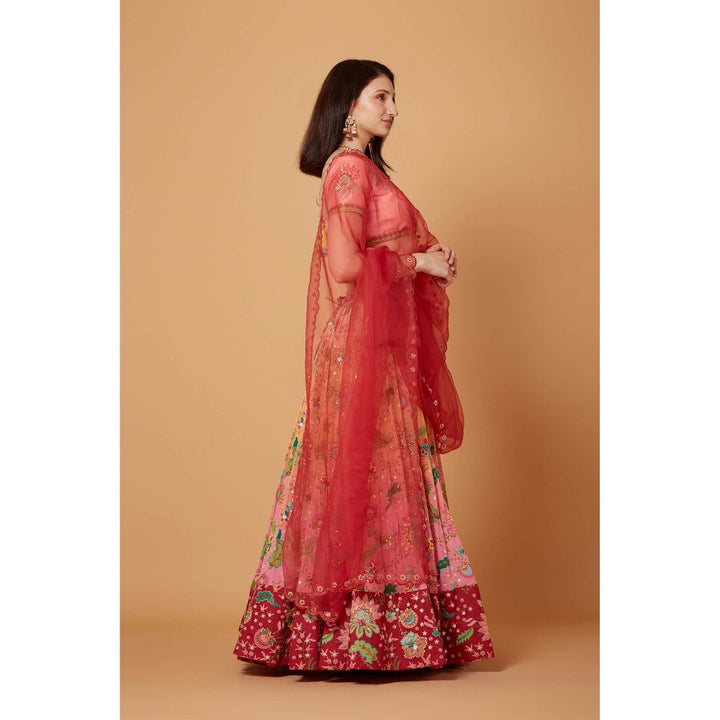 Siddhartha Bansal Peach Pink Ombre Embroidered Lehenga with Blouse and Dupatta (Set of 3)