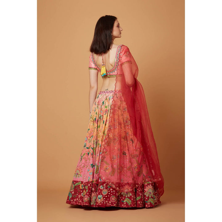 Siddhartha Bansal Peach Pink Ombre Embroidered Lehenga with Blouse and Dupatta (Set of 3)