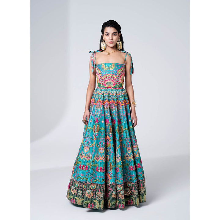 Siddhartha Bansal Hawaiian Teal Embroidered Corseted Gown