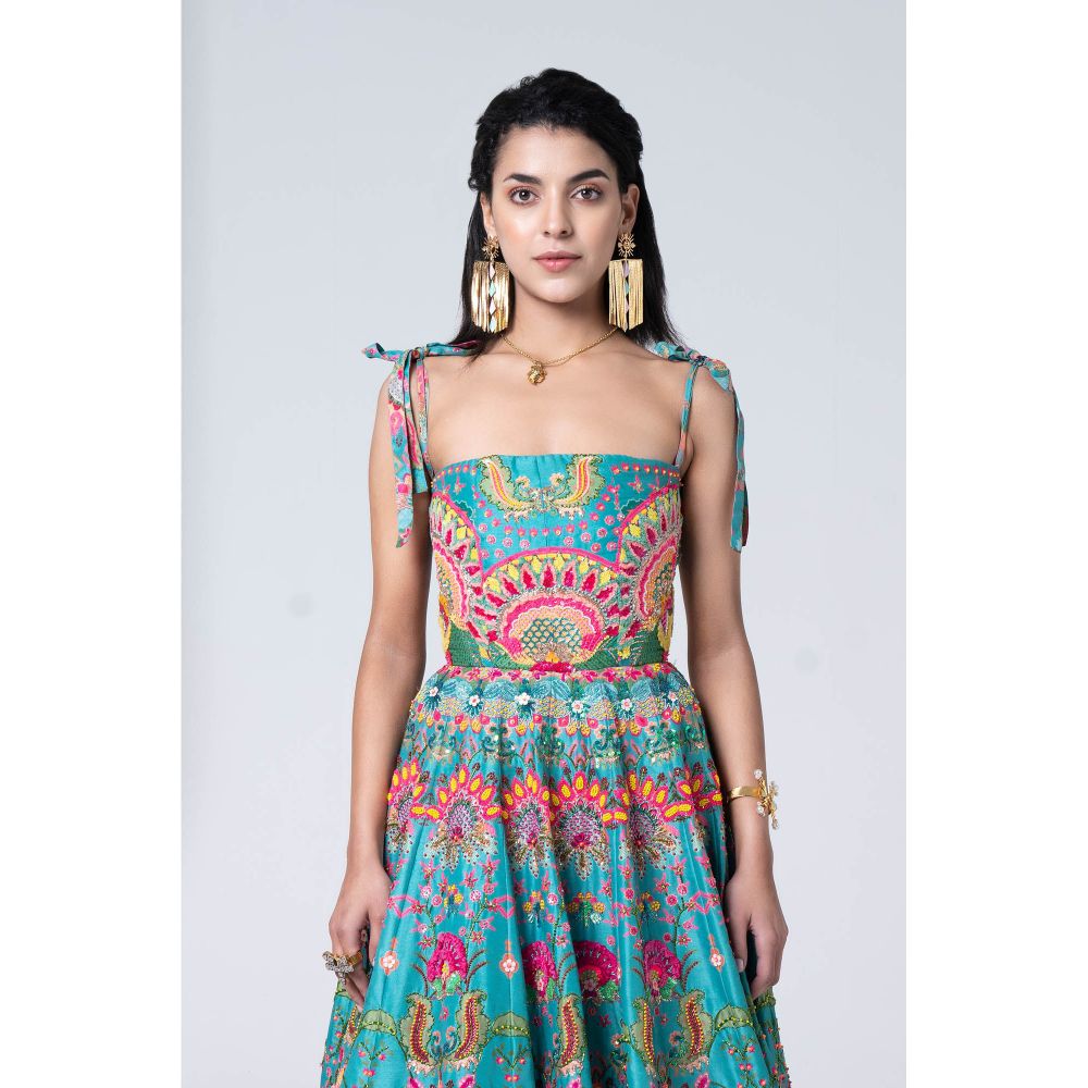 Siddhartha Bansal Hawaiian Teal Embroidered Corseted Gown