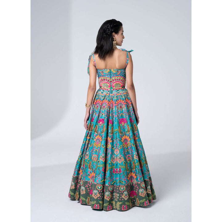 Siddhartha Bansal Hawaiian Teal Embroidered Corseted Gown