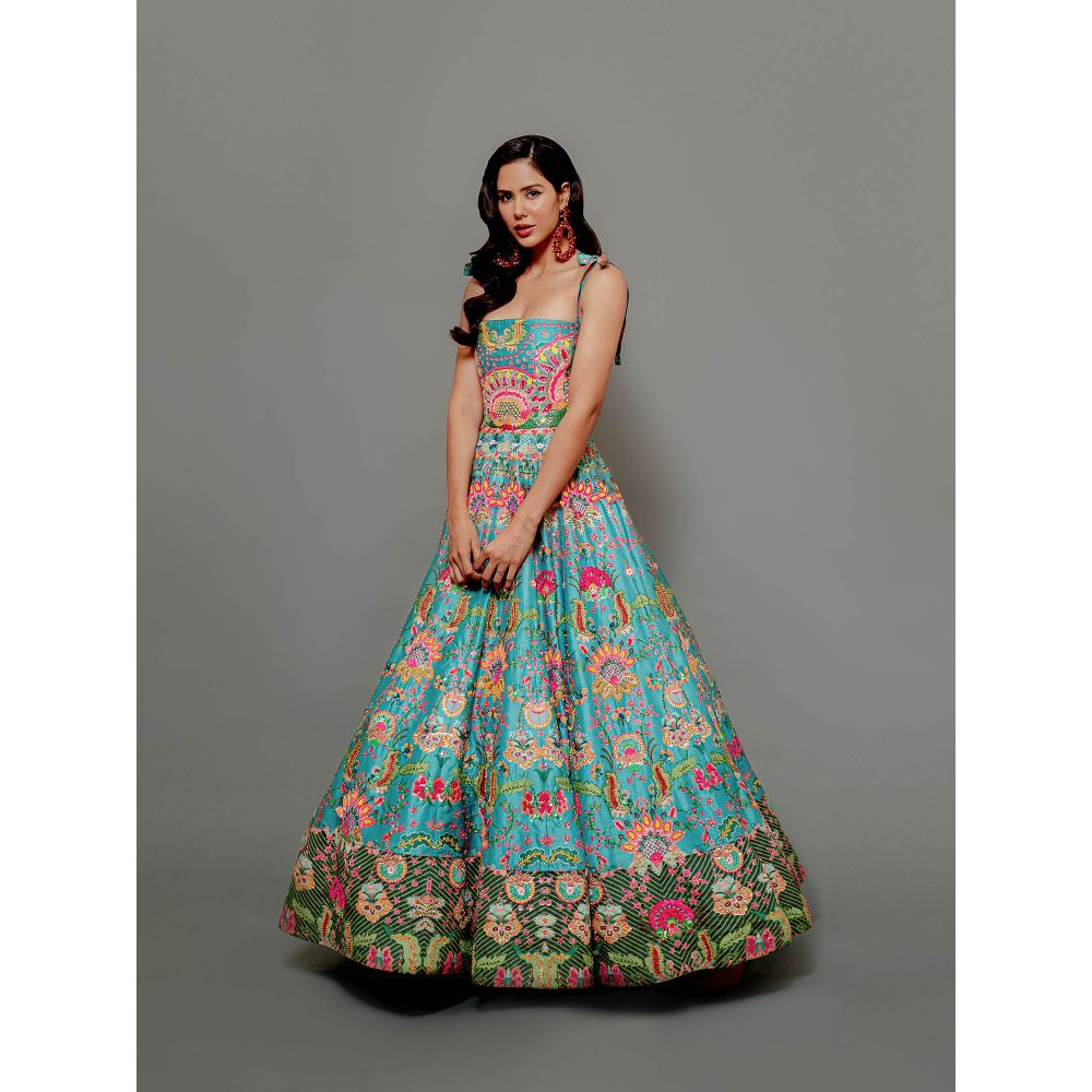 Siddhartha Bansal Hawaiian Teal Embroidered Corseted Gown