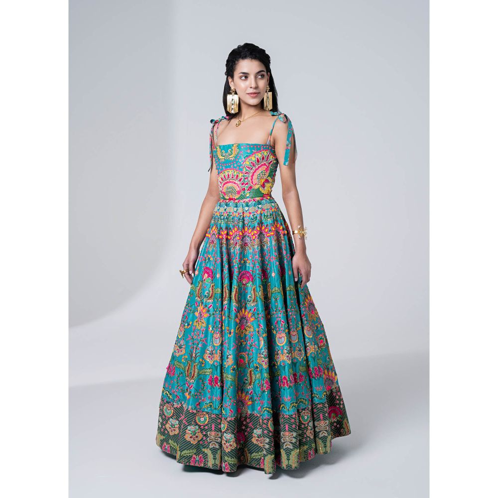 Siddhartha Bansal Hawaiian Teal Embroidered Corseted Gown