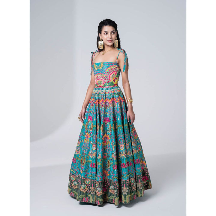 Siddhartha Bansal Hawaiian Teal Embroidered Corseted Gown