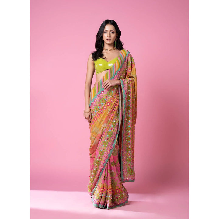 Siddhartha Bansal Sunset Orange Floral Embroidered Saree with Stitched Blouse