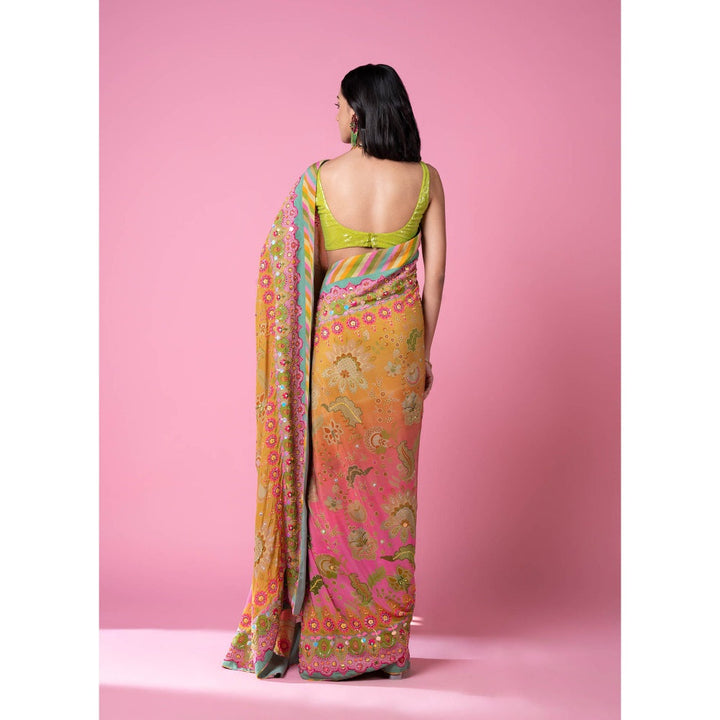 Siddhartha Bansal Sunset Orange Floral Embroidered Saree with Stitched Blouse