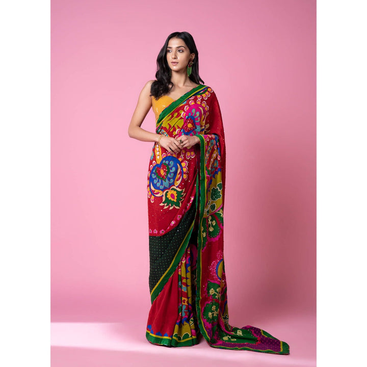 Siddhartha Bansal Royal Printed Salsa Red Embroidered Saree with Stitched Blouse